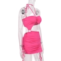 Detailed side view of rose pink two-piece set with drawstring skirt on transparent mannequin - S / Rose Red