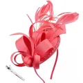 Close-up of rose red feather fascinator with satin ribbon and detachable metal hair clip - Watermelon red