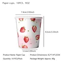 Set of 10 pink strawberry paper cups for parties, 9oz capacity with size specifications - Paper Cup
