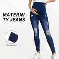 High-waisted maternity ripped jeans in dark blue with elastic belly support band - Fixed Waist (NZ004)