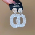 Textured silver metal disc earrings with white shimmering resin oval pendants - Silver Disc/White Textured Oval