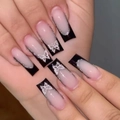 Uñas postizas largas tipo ataúd con manicura francesa negra y mariposas de purpurina plata - BW50-Negro Rosa Degradado Mariposa Plateada