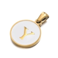 Round stainless steel pendant with gold frame and white enamel letter Y charm - Letter Y