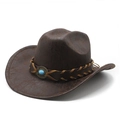Vintage dark brown western cowboy hat with wide brim, leather belt and turquoise stone - M (56-59cm) / Dark Brown Texture