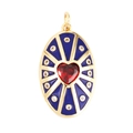 Golden pendant featuring a red heart stone and blue enamel rays with zircons - Dark Blue-Oval Heart Radial Pattern
