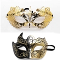 Golden filigree metal mask with rhinestones and black gold painted masquerade mask - Pointed Bull Horn - Iron Gold Set