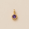 Macro view of a circular purple zircon pendant with a polished gold bezel setting - Round February Pendant (Purple)