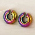 Chunky hollow C-shaped stainless steel earrings with vibrant rainbow plated finish - Rainbow Smooth
