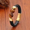 Bracciale da uomo in pelle nera con pietre occhio di tigre e chiusura magnetica dorata - 19cm / Oro