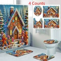 Detail of 4-piece Christmas bathroom set including gingerbread shower curtain and rugs - 3-Piece Bath Mat Set / Christmas Gingerbread House (24-1)
