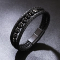 Bracciale multistrato da uomo in pelle intrecciata nera con perline lucide e chiusura magnetica - Pietra opaca