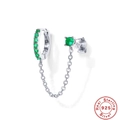 Macro detail of 925 sterling silver chain earrings with green cubic zirconia stone - 925 Silver / Silver-Green Zirconia
