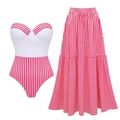 Maillot de bain bandeau rayé pour femmes avec ensemble jupe longue à volants - S / Maillot de Bain Rayé Rouge et Blanc avec Ensemble de Jupe
