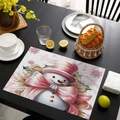 Close-up of pink Christmas snowman placemat showing the woven cotton linen texture - CD57-8