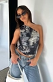 Y2K one-shoulder mouwloze top met zwart-witte abstracte print voor dames - S / Zwart Bedrukt