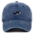 Detailed embroidery of an orca on a vintage washed navy blue denim baseball cap - Orca Embroidery Style / Navy Blue