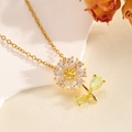 Elegant gold flower necklace with white rhinestone petals and yellow diamond center - Gold Small Flower Green Zirconia Necklace (T024)