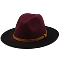 Detail of burgundy and black bicolor wool fedora hat with camel braided leather band - M (56-58cm) / Wine Red and Black Style (03)