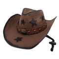 Brown woven straw cowboy hat with metallic stars and adjustable windproof cord - Coffee