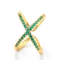 Minimalist gold plated cross ring featuring emerald green pave crystals on white background - Adjustable Open / Gold - Green Zirconia