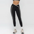 Schwarze Yoga-Leggings mit V-Kreuz-Bund und seitlichen weißen Kontraststreifen für Damen - S / Premium Schwarz