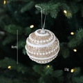 Golden and white 8cm Christmas ball ornament with glitter and pearls on a tree branch - Gold Threaded Ball