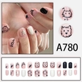 Unghie finte rosa con gatti e impronte dipinte a mano, stile cartone animato carino - Stile Stella Impronte di Zampe Cane Gatto Rosa Nero (A780)