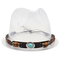Close-up of brown leather hat band with turquoise stone and wooden bead details - One Size / Wood Bead Turquoise