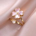 Bague ajustable dorée avec motif trèfle et pierres roses en forme de cœur - Bague Ouverte Rotative Or et Rose