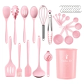 Set di 15 utensili da cucina in silicone rosa con manici in metallo e secchiello porta - Set da 32 pezzi / Rosa