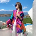 Colorful cotton linen beach shawl with abstract prints and pink tassels for summer vacation - 180*90CM / 39237-Rose Pink Blue