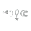 Detailed view of silver star earrings set with studs and textured ear cuffs on white background - Silver Star Theme Earring Set (#29)