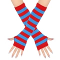 Long red and blue striped fingerless gloves with thumb holes for cosplay costumes - Navy Blue Red Stripe