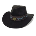 Dettaglio cappello cowboy in lana nera con fascia in pelle e ricamo testa di toro - M (56-58cm) / Nero