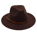 Close-up of dark brown wool felt fedora featuring a leather band with metal buckle detail - Coffee (Two Studs)