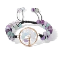 Adjustable natural stone bead bracelet with a golden tree of life charm on white background - FA0152-Fluorite