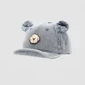 Close-up of light blue denim baby cap with 3D bear ears and puppy towel embroidery - 48cm (6 Months-2 Years) / Light Blue
