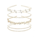 Five-piece set of thin golden bridal headbands with rhinestones and floral accents - 4-Piece Set - Gold