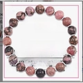 Pink zebra jasper beaded bracelet with 8mm round stones and heart charm on a card - Red Black Veined Cancer Card Style