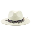 Chapeau de paille bohème avec ruban ethnique et breloques en feuilles d'argent - Crème
