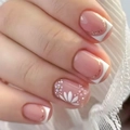 French style press-on nails in nude pink with white floral designs and gold glitter - French Tulip Style (Y-479)-Glue Model
