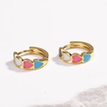 Detailed view of golden heart-shaped hoop earrings with colorful enamel floral patterns - Heart Multi-Color