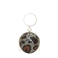 Spherical evening bag with leopard print sequins, golden ring handle and chain strap - Caramel color