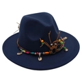 Detail of navy wool fedora hat featuring bohemian ethnic band with beads and shells - Navy Blue