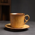 Japanese vintage ceramic coffee cup and saucer set with woven texture in tan brown finish - 248-large-cloth Bag Texture Coffee Mug + Saucer (brown) 350ml / Universal