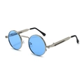 Steampunk round sunglasses with blue lenses, silver metal frame and spring temple details - Silver Frame Blue Lens