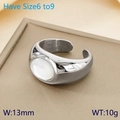Minimalist silver stainless steel wide ring with oval white gemstone inlay - White Oval Cabochon Style (Steel KR111559-GC)