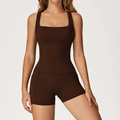 Dark brown yoga set featuring a square neck tank top and high-waisted shorts with pockets - 2044 Vest + 2030 Shorts - Coffee Brown