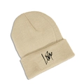 Close-up of knit texture and black Love embroidery on the beige beanie fold - M (56-58cm) / Beige
