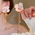 Pink chiffon flower tassel earrings with gradient petals and crystal drops worn by model - Silver Earring Post (Single Flower Style) / Pink